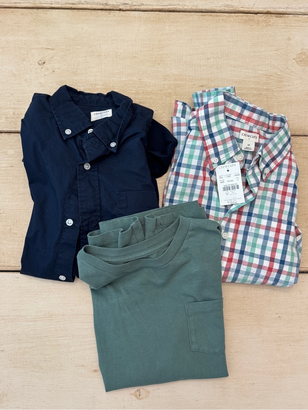 J. Crew Navy Button-Down, Plaid Button Shirt & Green Tee Set